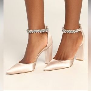 ✨ Champagne Satin Rhinestone Ankle Strap Heels ✨